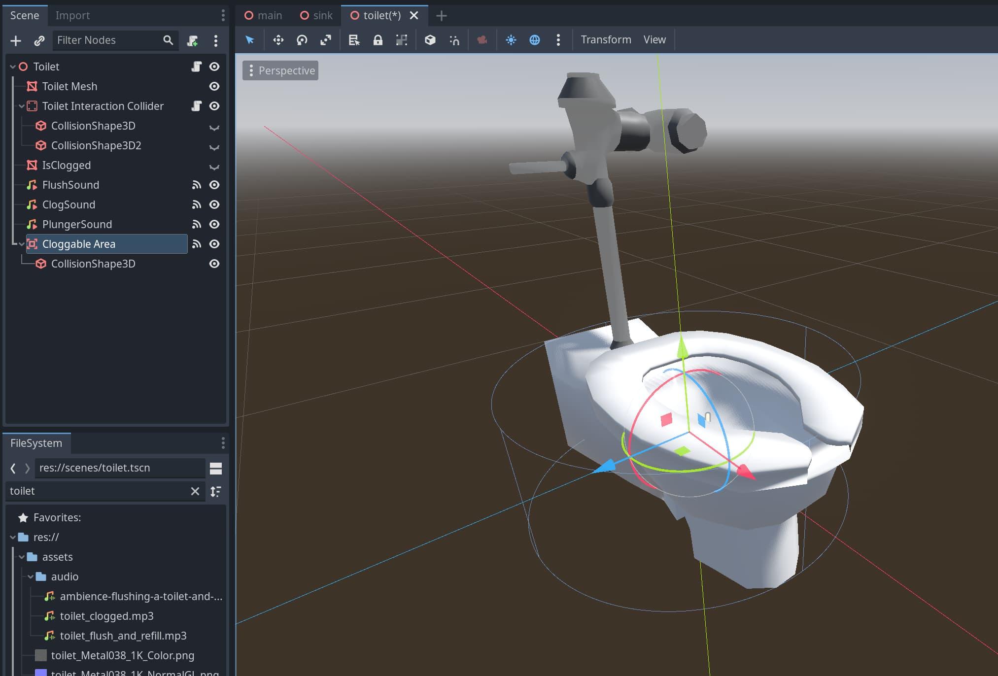 A 3D toilet in Godot, with a cylinder around the bottom part of the toilet